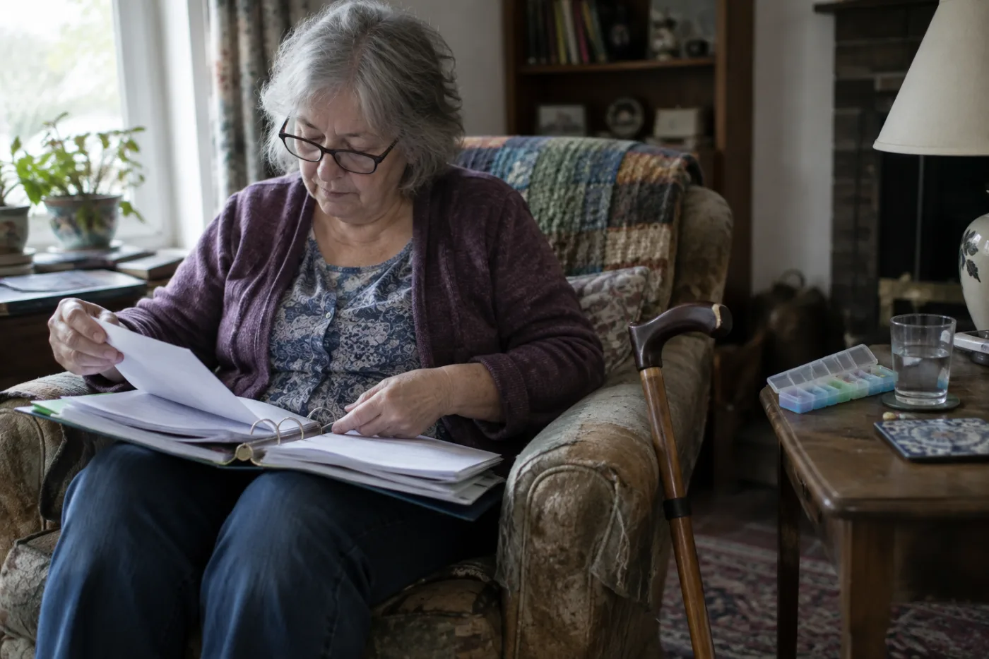 Woman organizing medical paperwork into a binder beside a cane and pill organizer