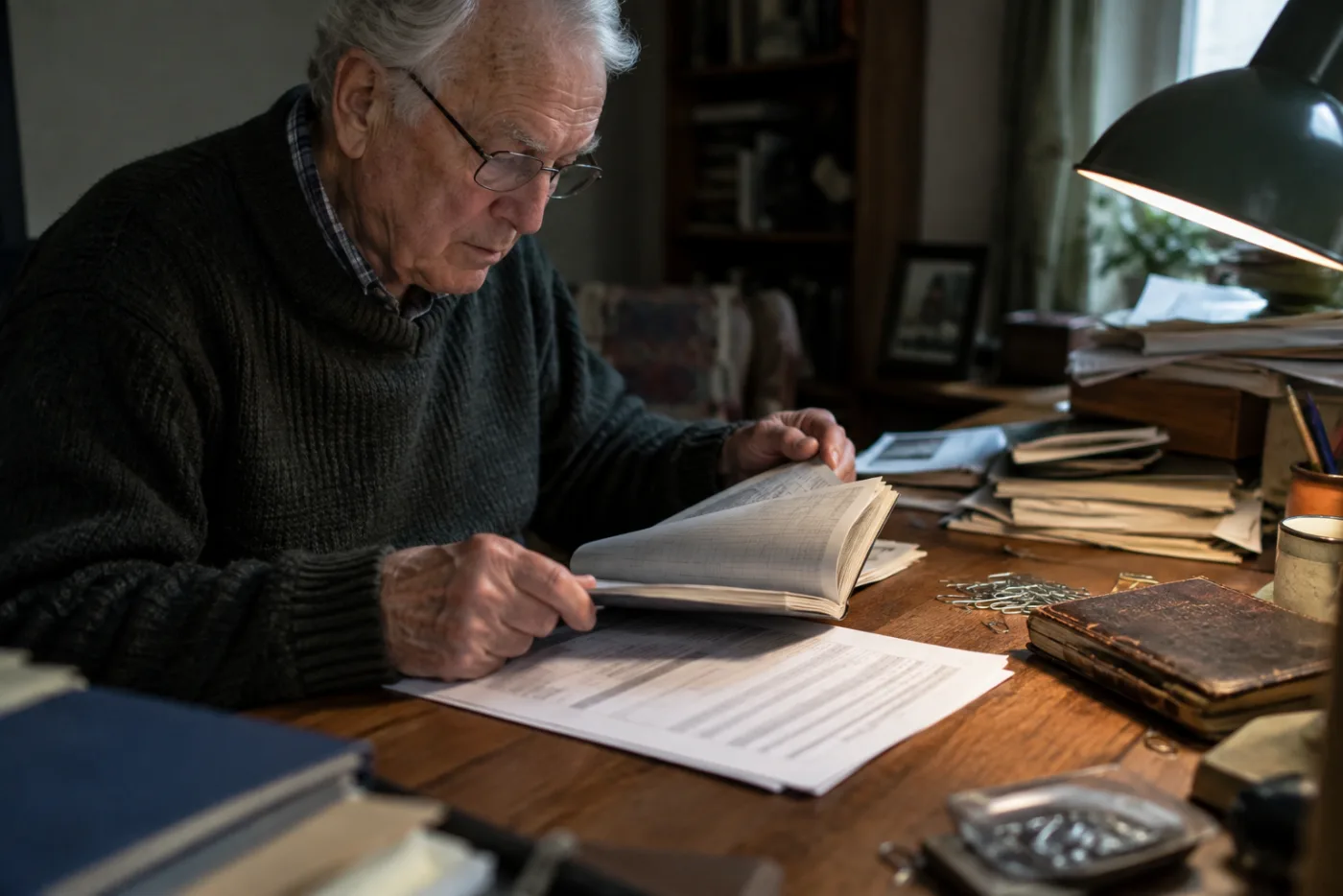 Man comparing a pension booklet against a printed benefits statement at his desk