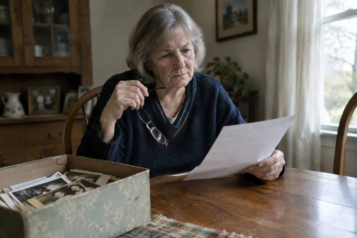 Woman reading a survivor benefits letter beside a shoebox of family photographs