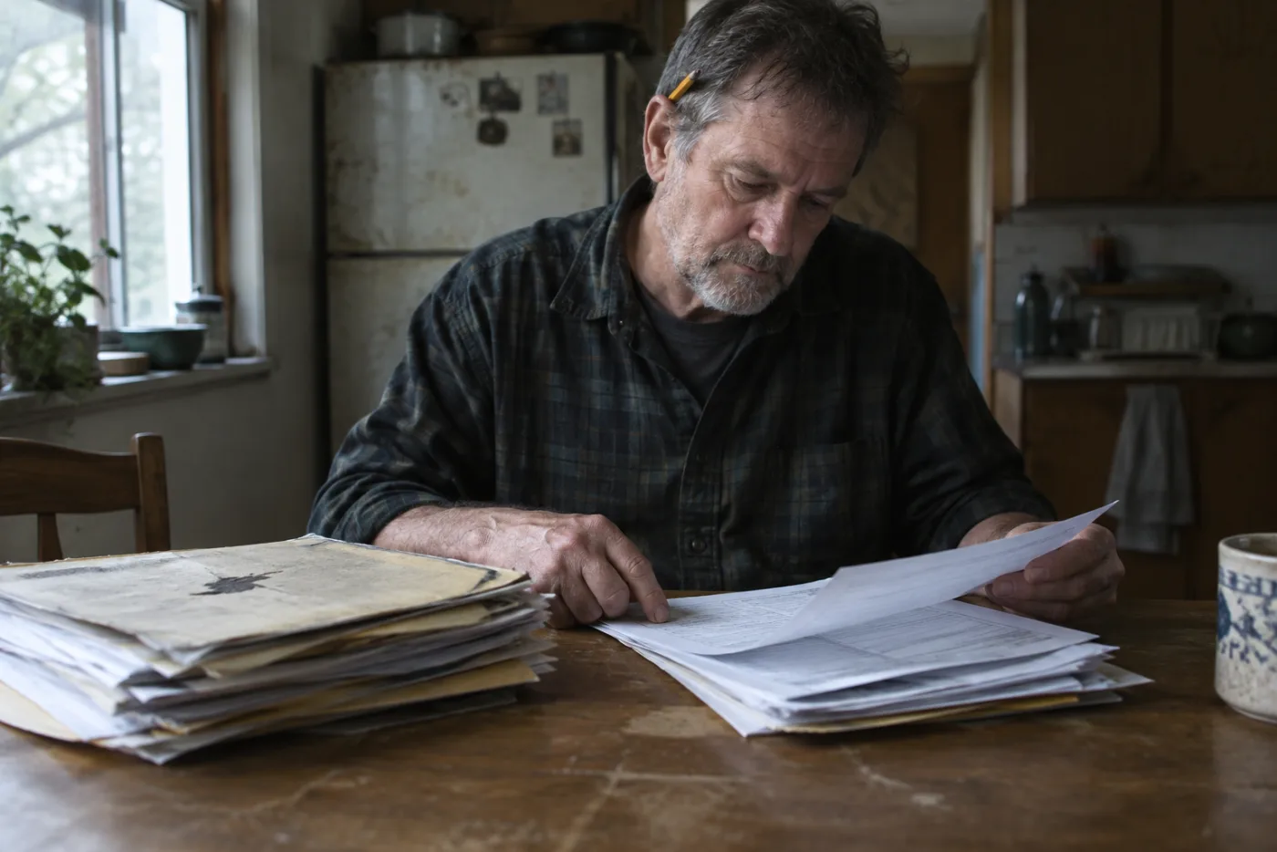 Man cross-referencing two stacks of paperwork including unemployment office forms