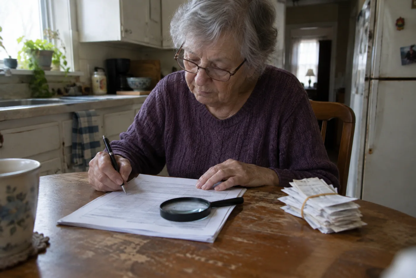 Woman filling out a Medicare savings application with a magnifying glass on the page