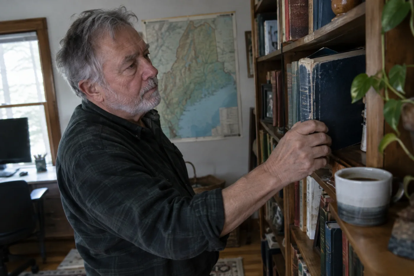 Man pulling a worn tax guide from a bookshelf beneath a pinned state map