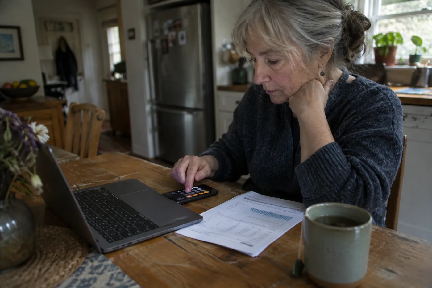 Woman using a laptop and calculator to review a retirement account statement