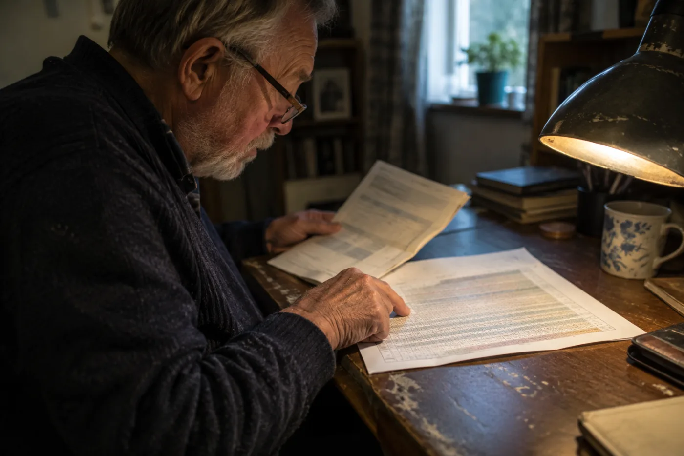 Man tracing a printed birth-year chart while comparing it to a benefits letter