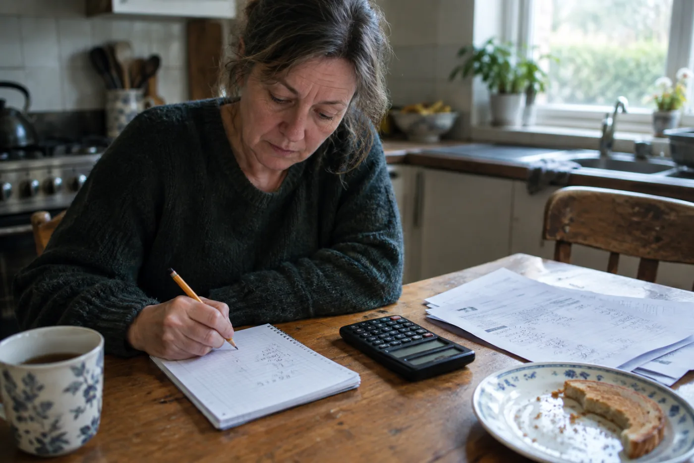 Woman working through percentage calculations by hand on a notepad and calculator