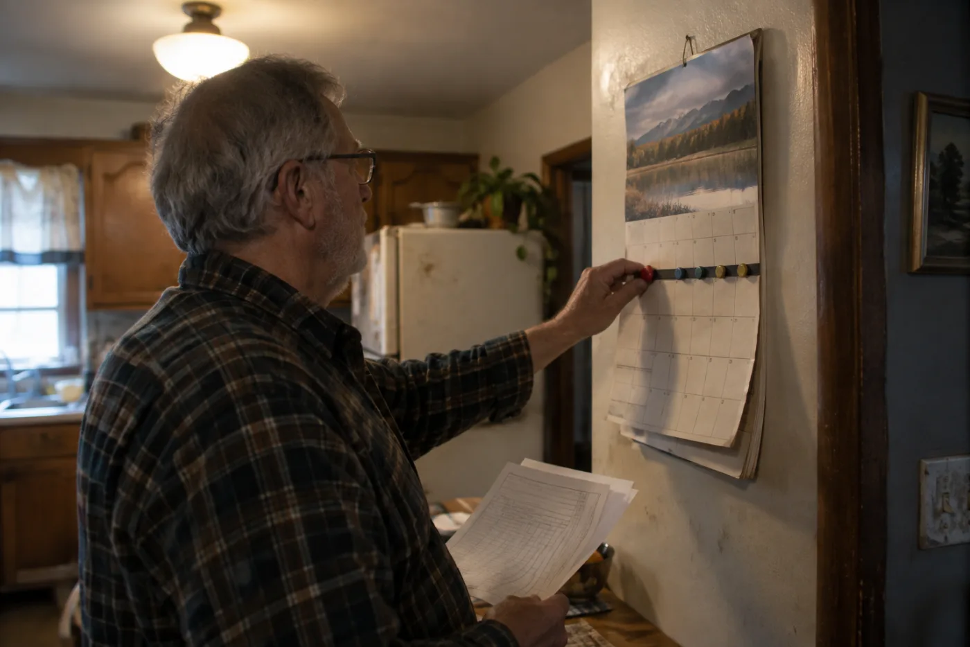 Man sliding a magnet across a wall calendar while holding a benefits worksheet