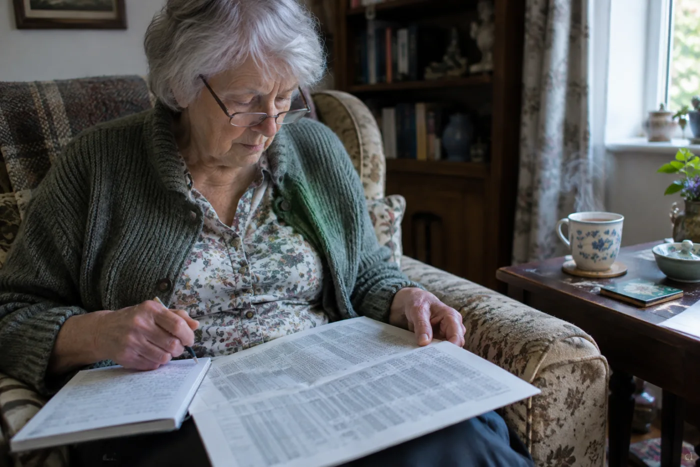 Woman cross-checking a printed actuarial table against a handwritten notepad