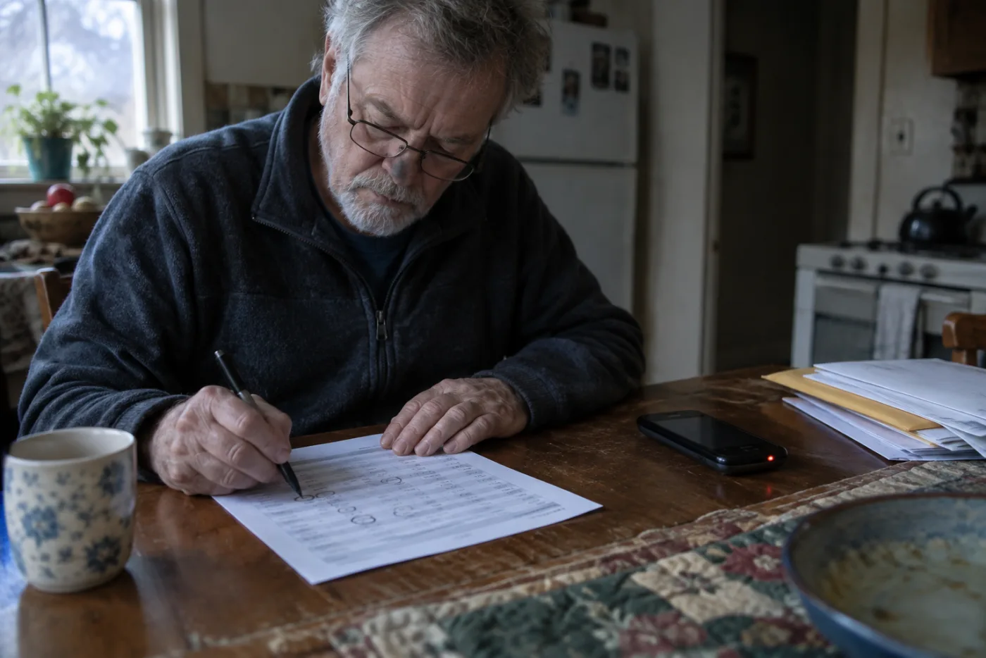Man circling dates on a printed application form beside a blinking phone