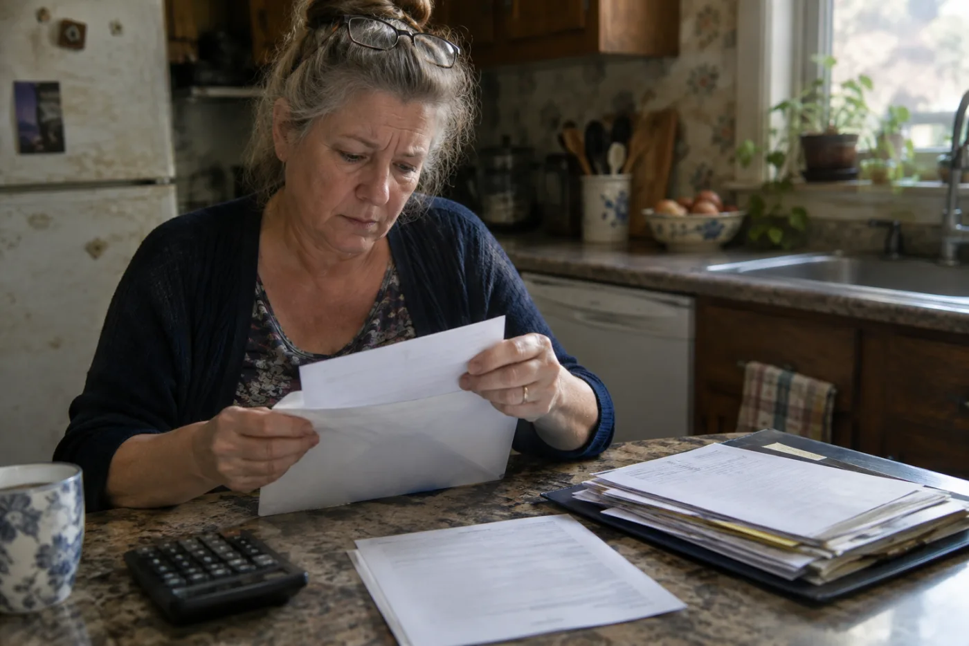 Woman opening a repayment notice envelope beside a calculator and pay stubs