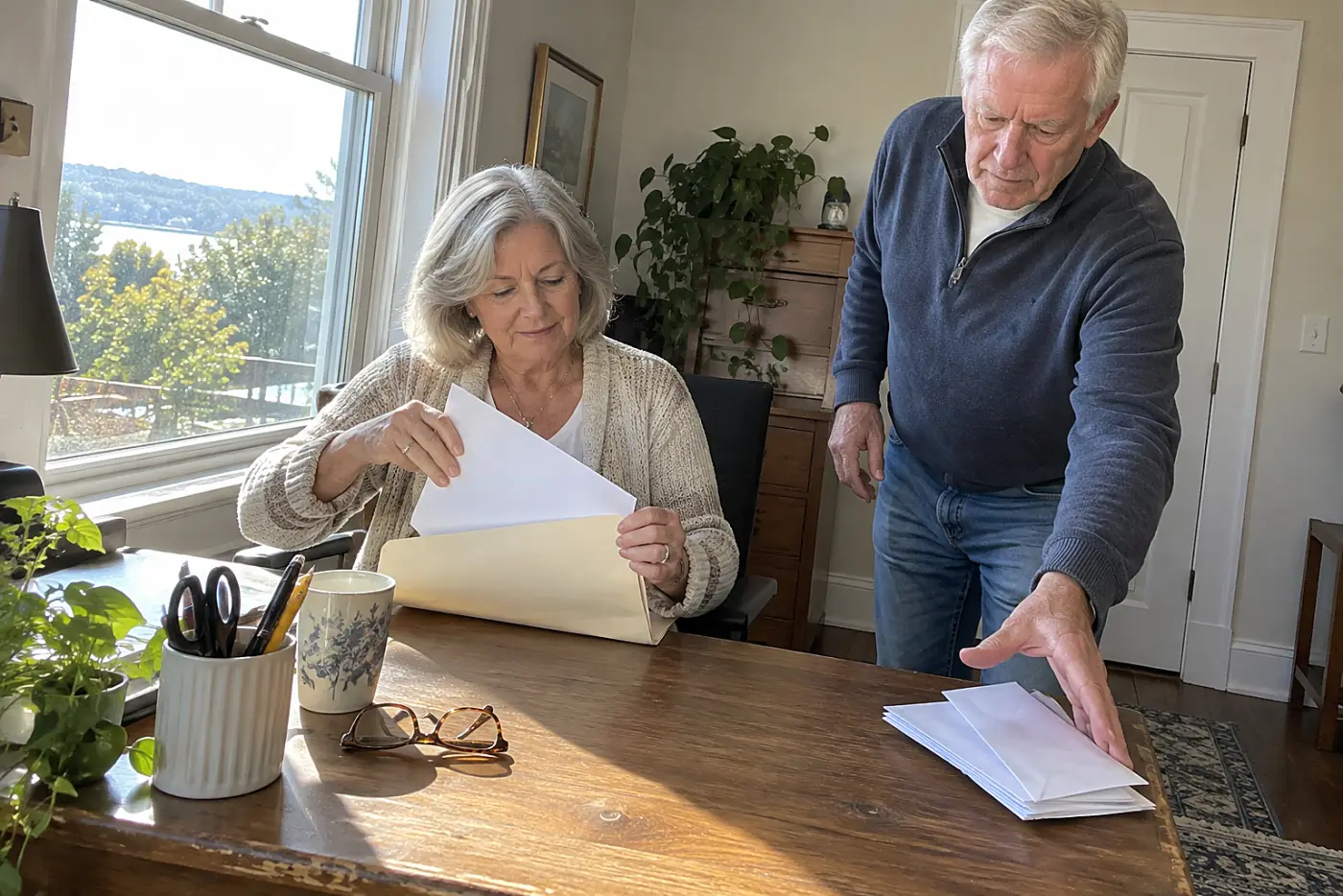 Older woman placing a contractor's work description in a property folder at her desk.