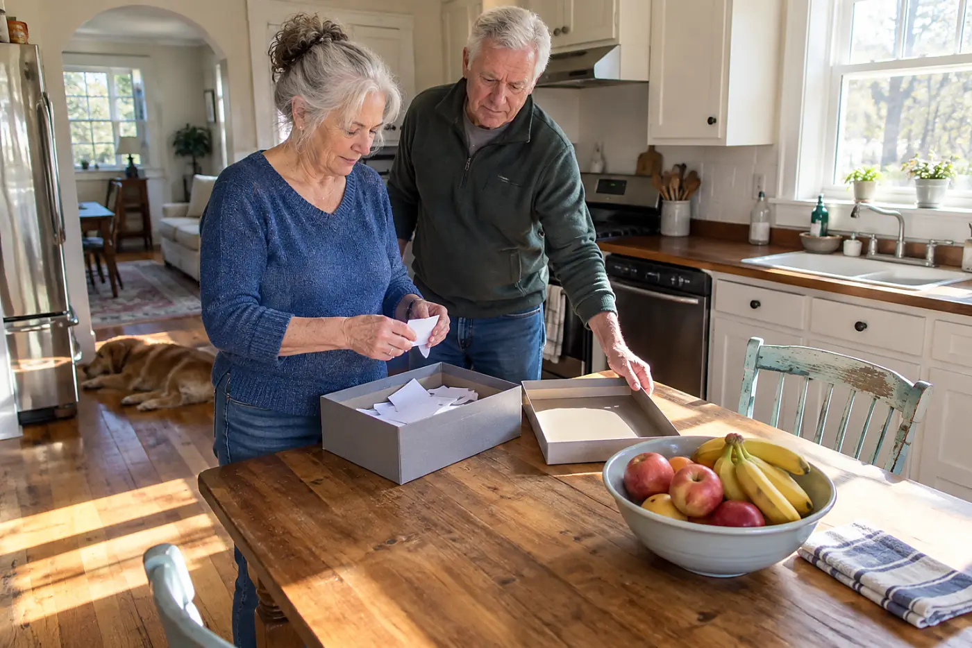 Older woman sorting ticket stubs from a shoebox at her kitchen table.