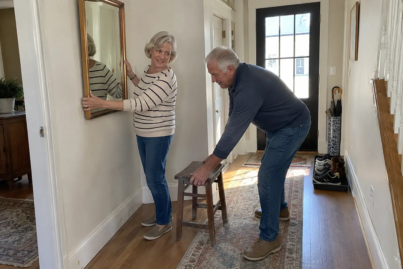 Older woman measuring a framed mirror against a hallway wall.