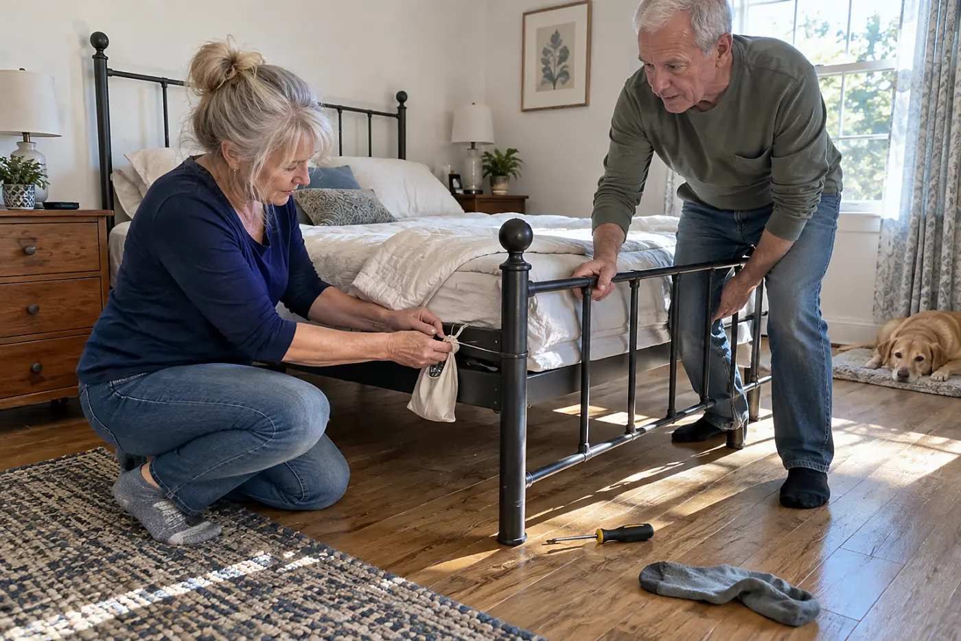 Older woman fastening a bag of bolts to a bed frame in her bedroom.