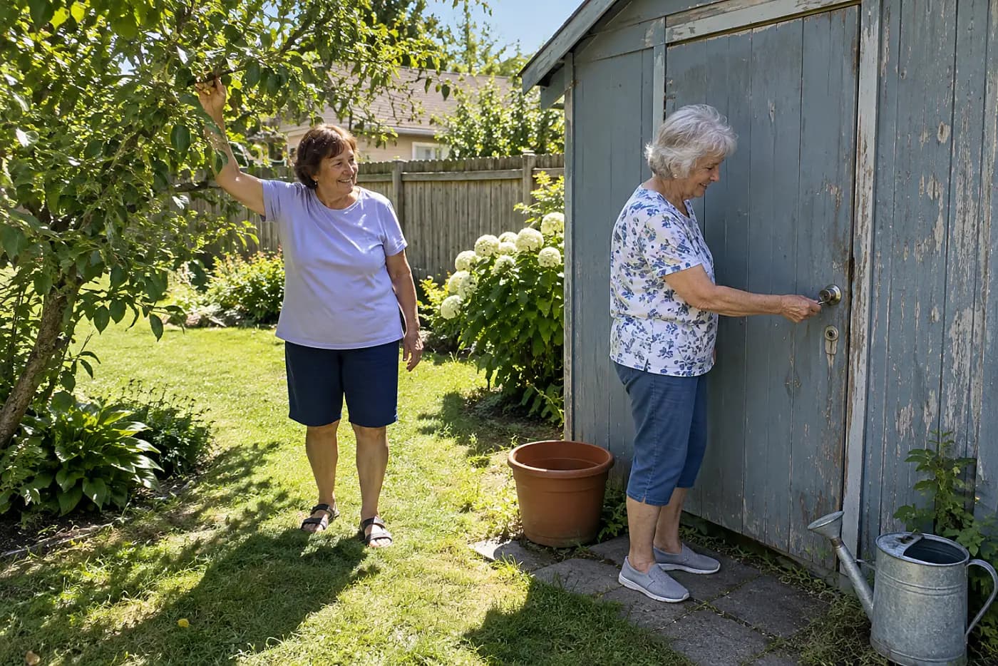 Older woman testing a key in a shed door behind her house.