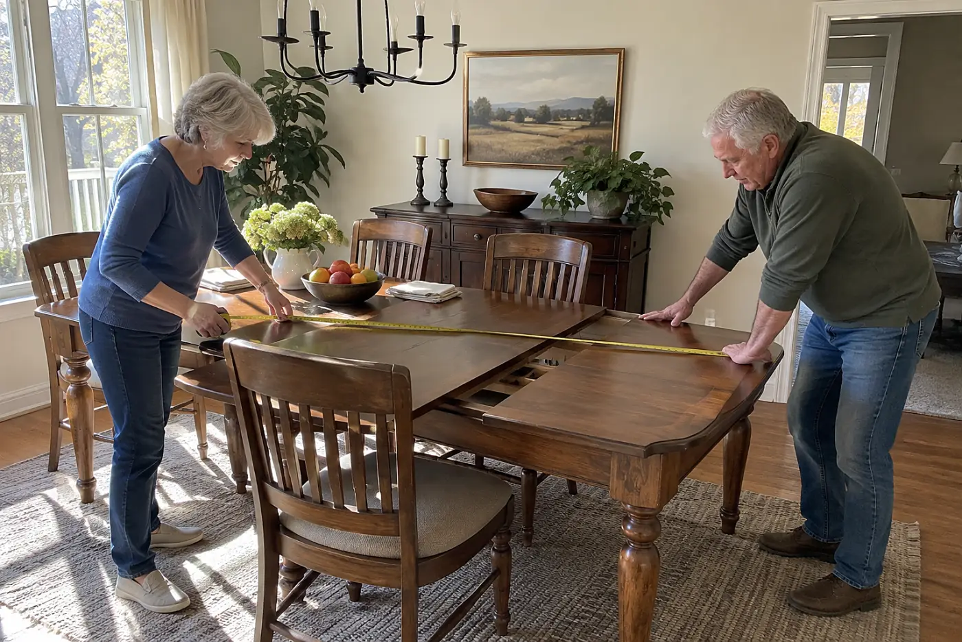 Older woman measuring an extension table in her dining room.