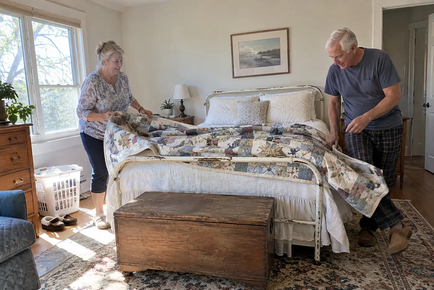 Older woman unfolding a quilt to inspect its stitched corner on her bed.