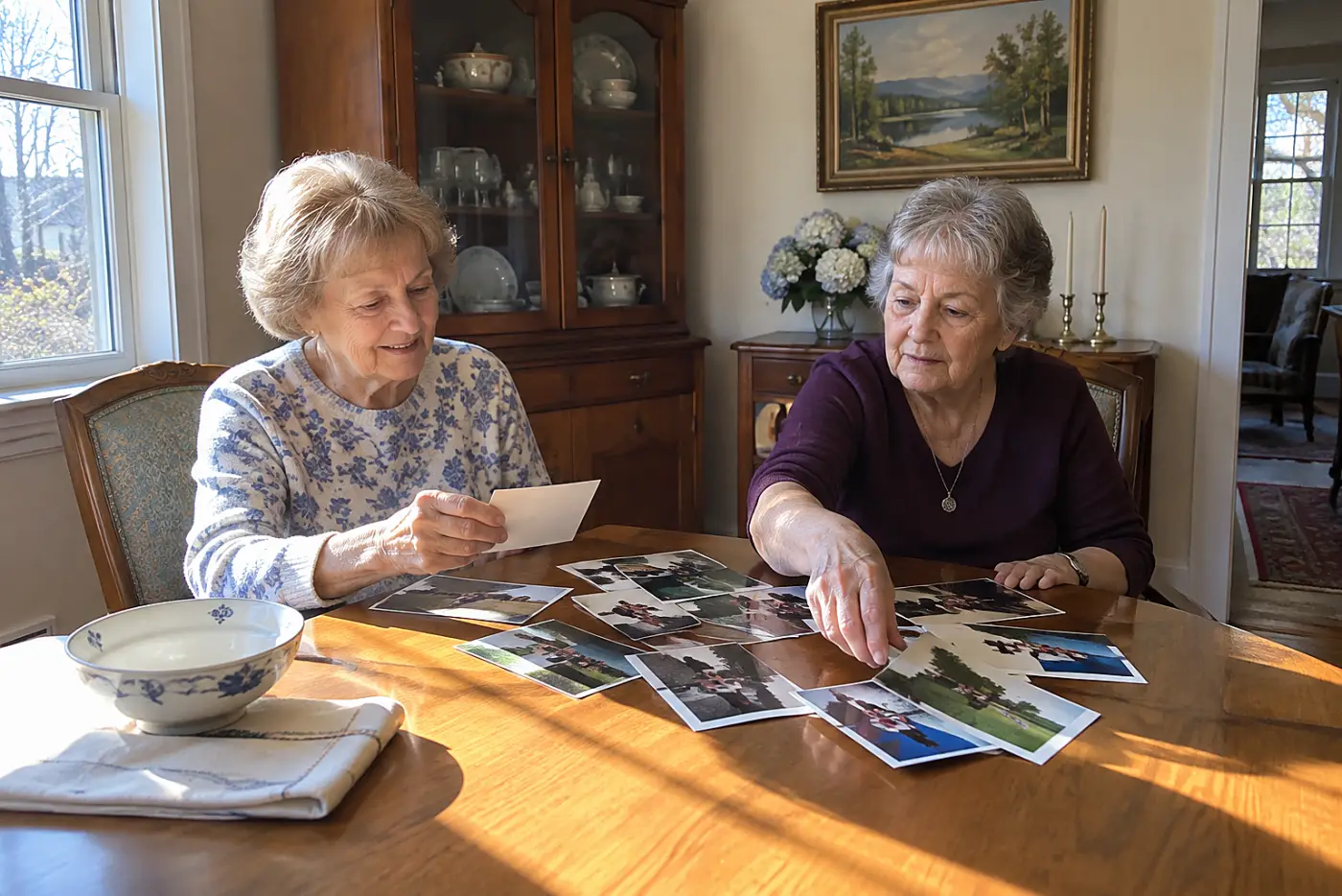 Older woman reading names on the back of family photographs at her dining table.
