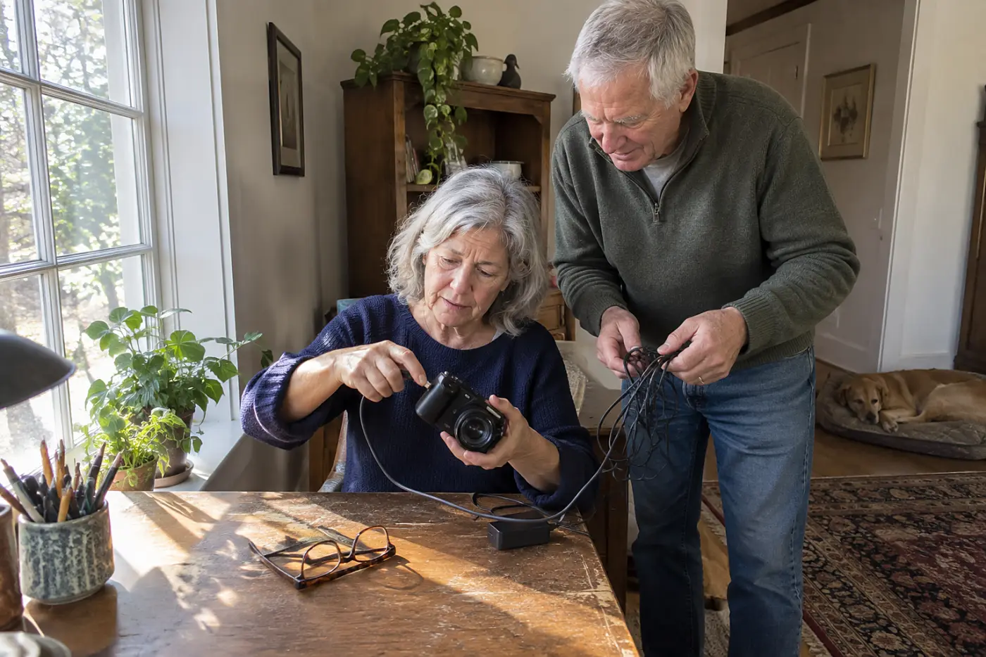 Older woman plugging a charger into an old camera at her desk.