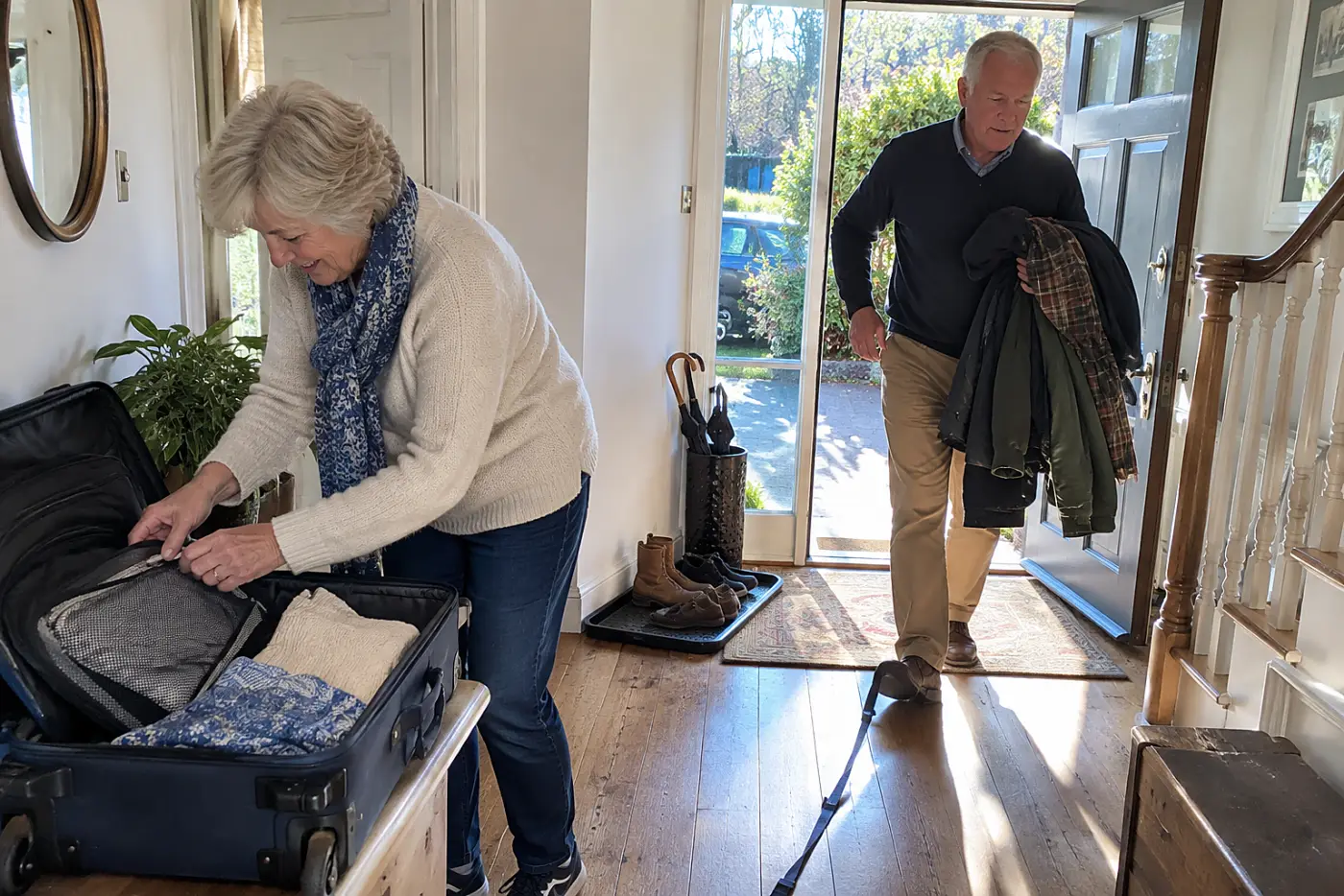 Older woman checking the pockets of an open suitcase by her front door.