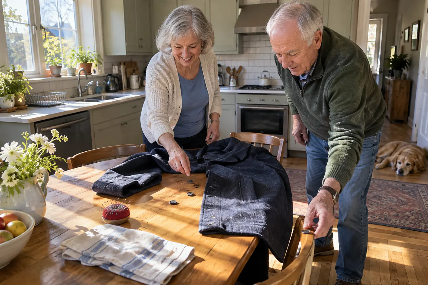 Older woman matching loose buttons to a coat at her kitchen table.