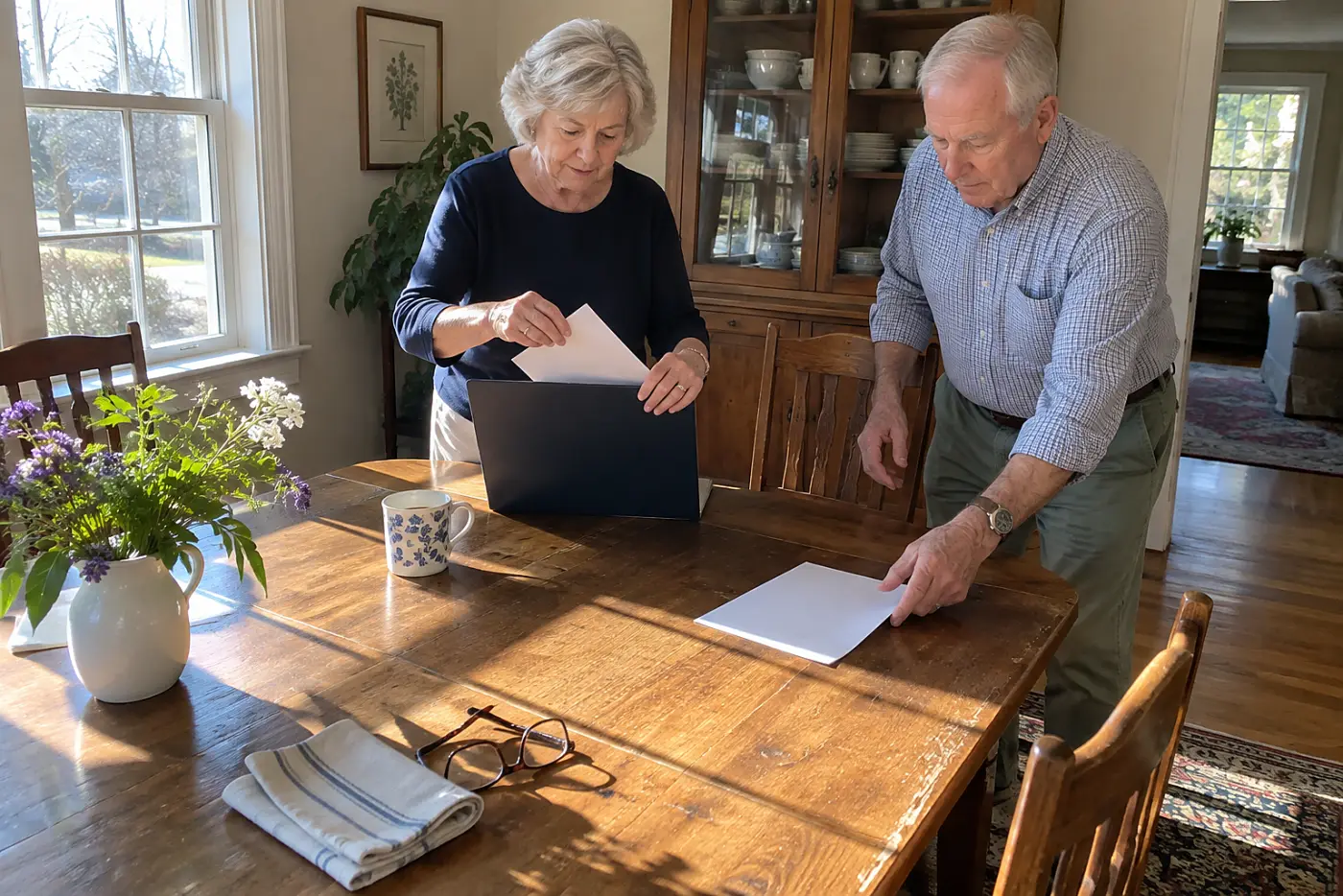 Older woman sorting house papers into a folder at her dining table.