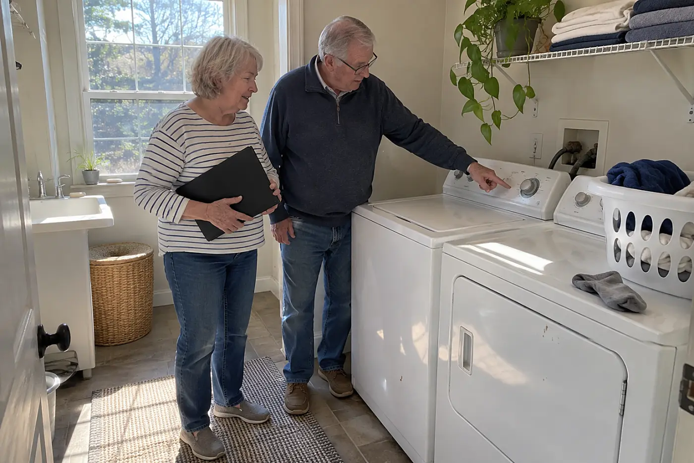 Older woman matching a washer manual to the label on her laundry-room machine.
