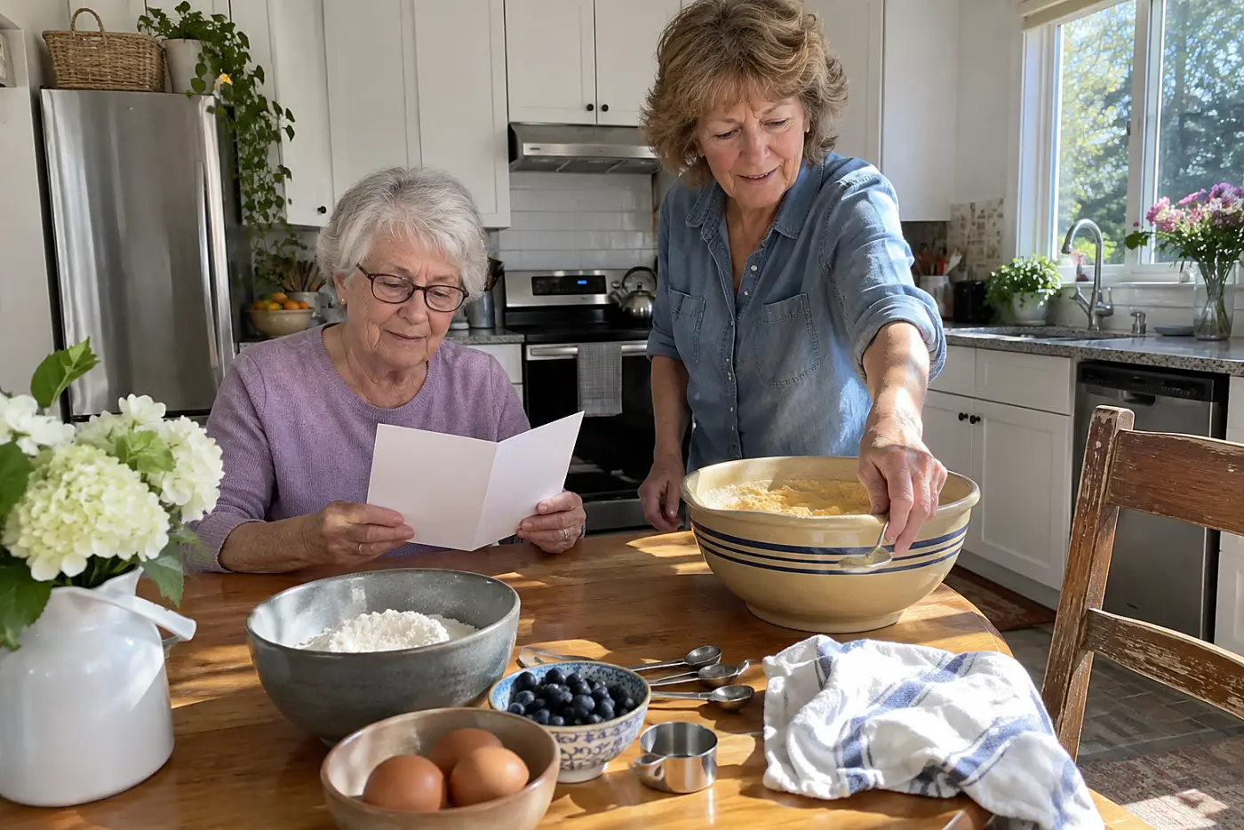 Older woman reading a handwritten recipe card at her kitchen table.