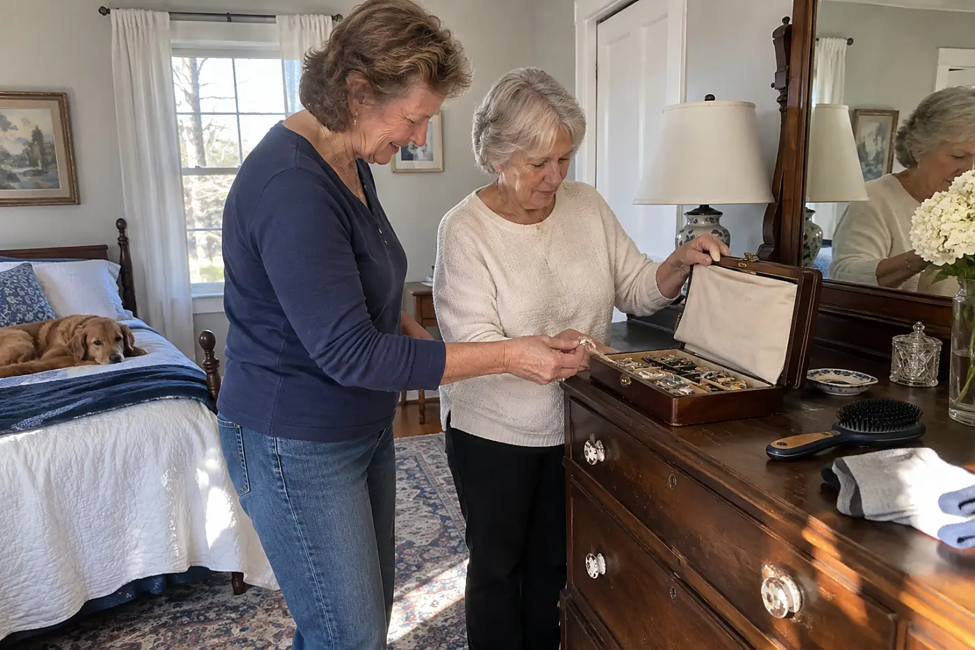 Older woman lifting the lining of a jewelry box on her bedroom dresser.