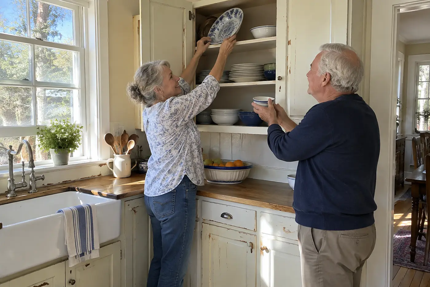 Older woman fitting a serving platter upright in a kitchen cabinet.