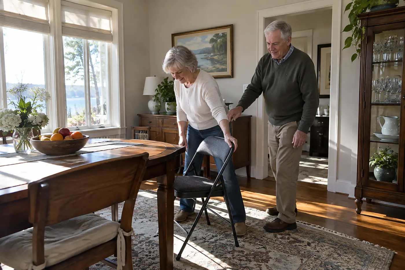 Older woman opening a folding chair in her dining room.