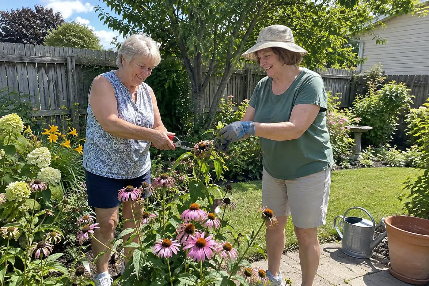 Older woman testing garden pruners beside a flower bed.