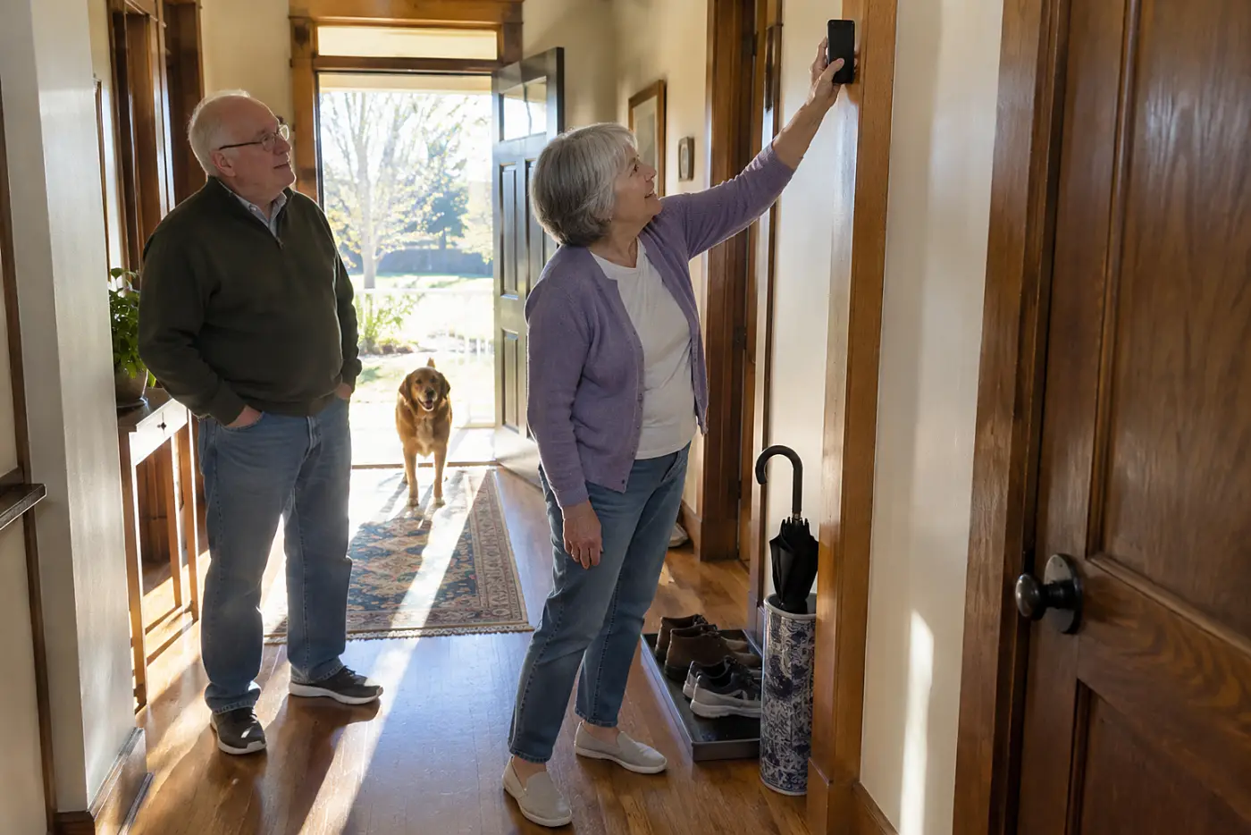 Older woman photographing height marks on a doorframe in her hallway.