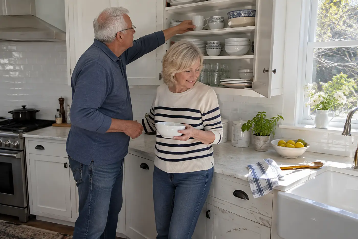 Older woman holding a bowl beside a full cabinet in her new kitchen.