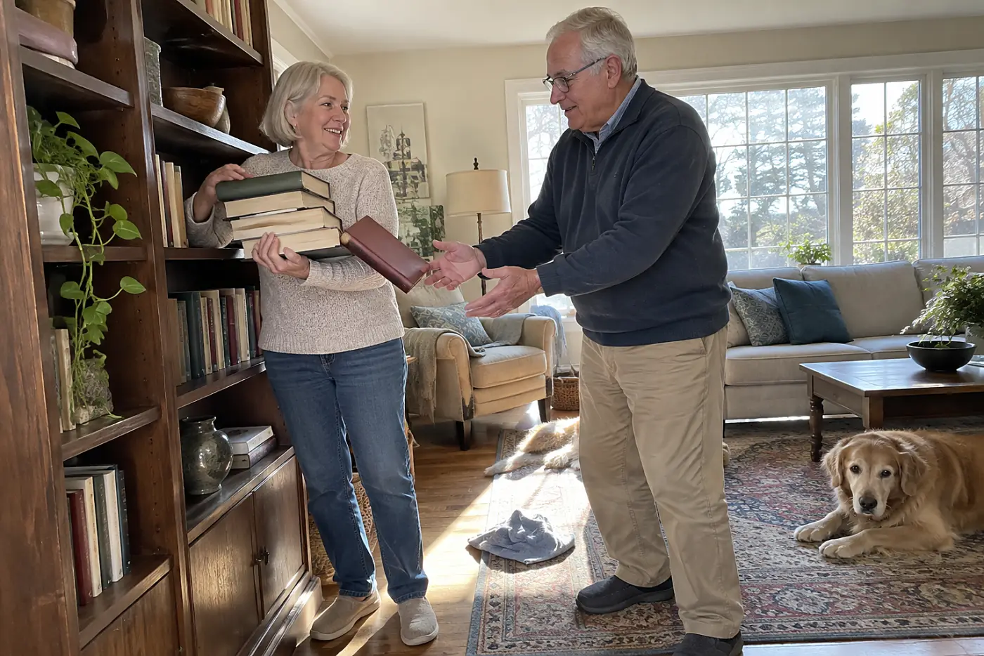 Older woman taking books from a shelf in her living room.