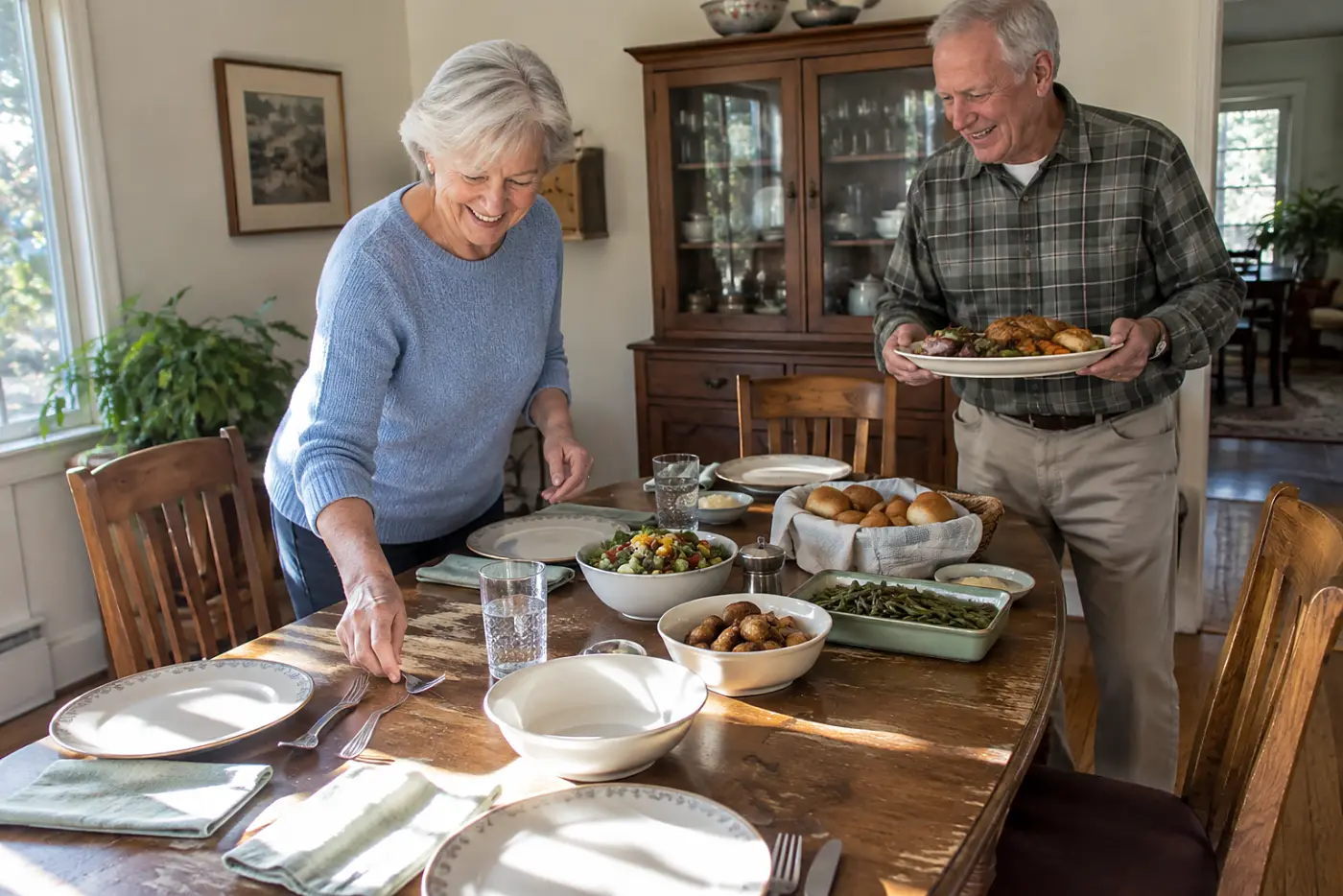 Older woman setting silverware beside plates on her dining table.