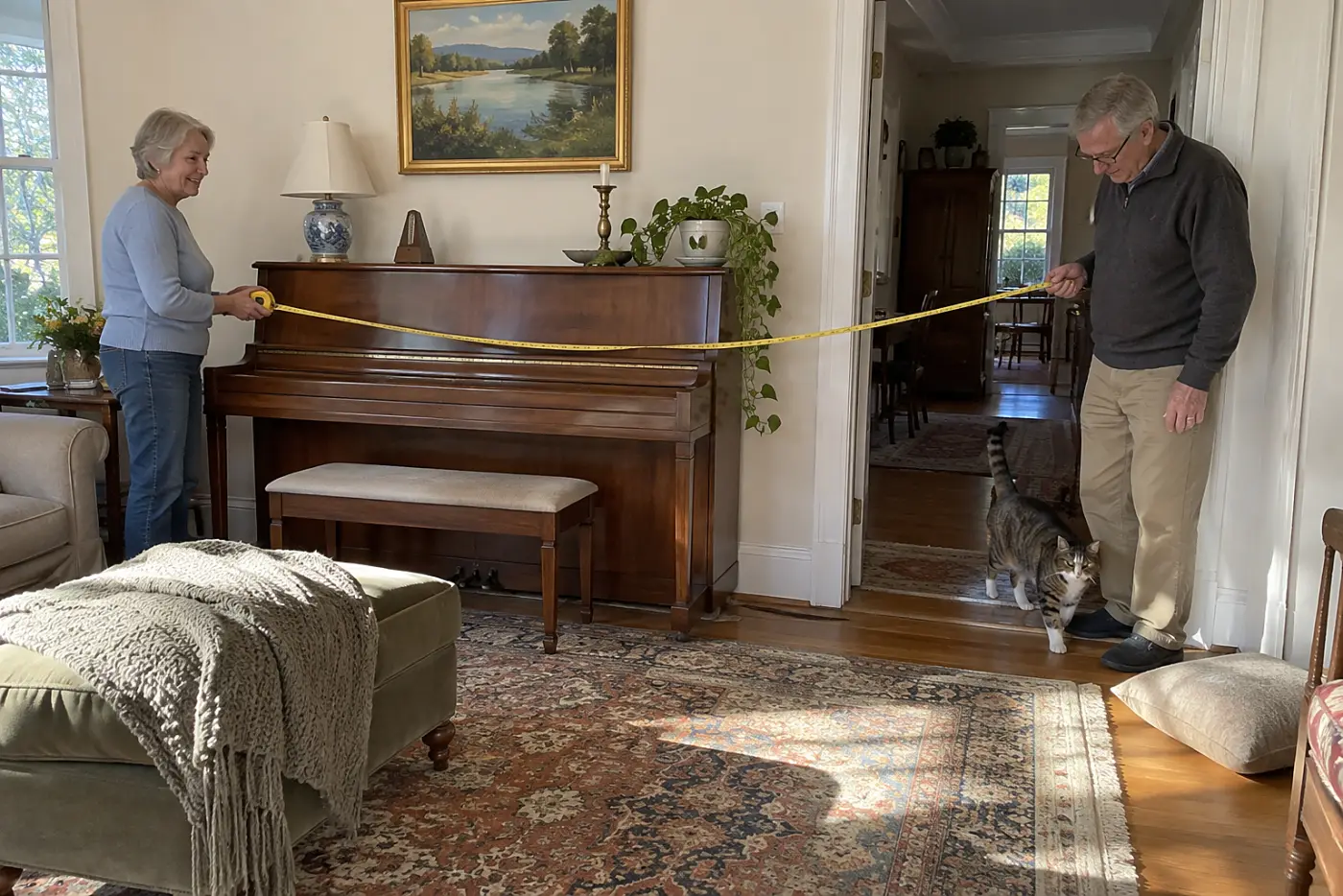 Older woman measuring a piano beside a doorway in her living room.