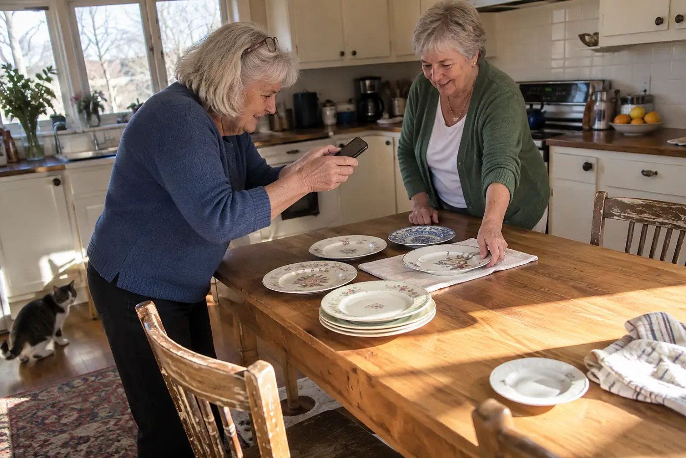 Older woman photographing china plates on a kitchen table.