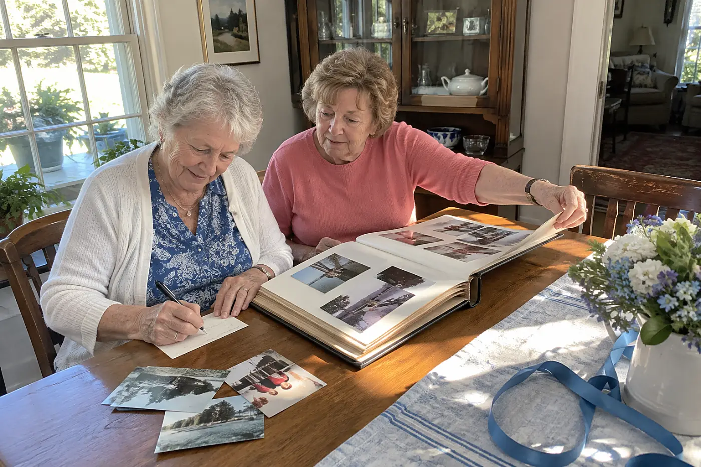 Older woman labeling photographs beside an open album at her dining table.