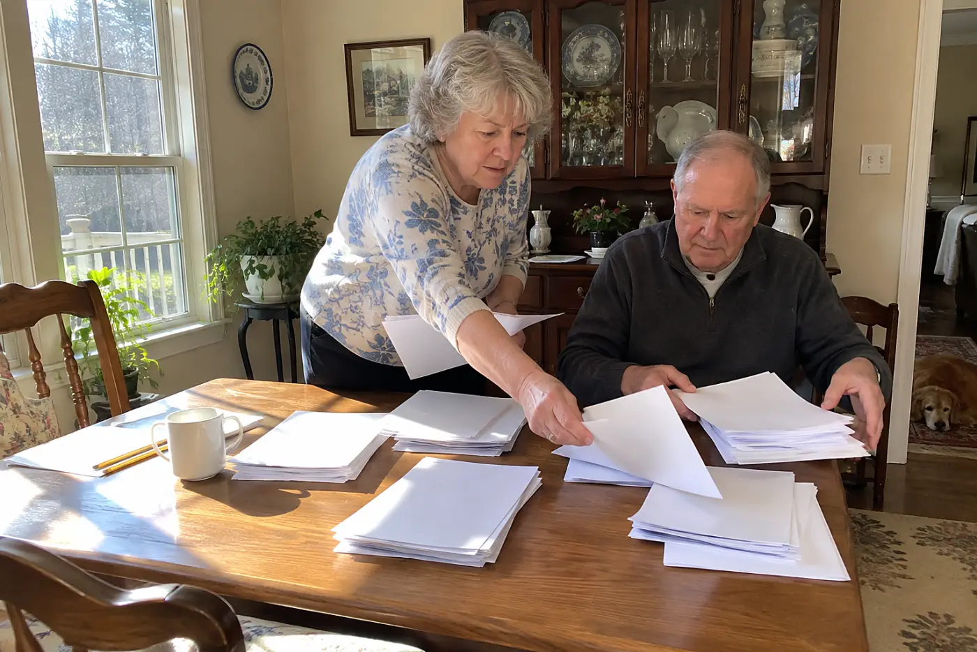 Older woman sorting tax papers into piles at a dining table.