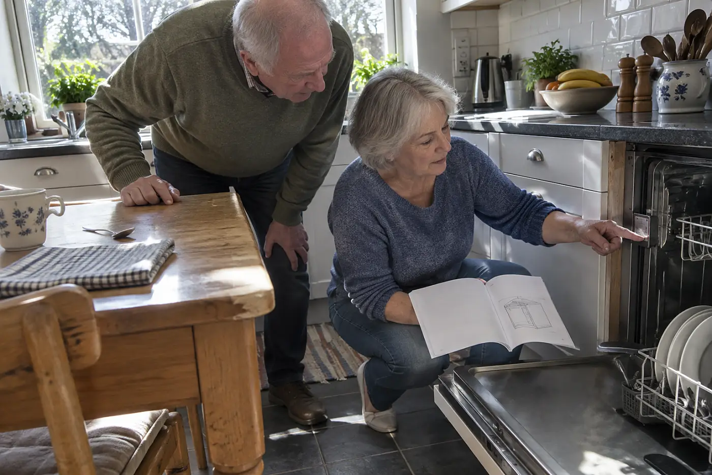 Older woman checking an appliance model number against a manual at her kitchen table.