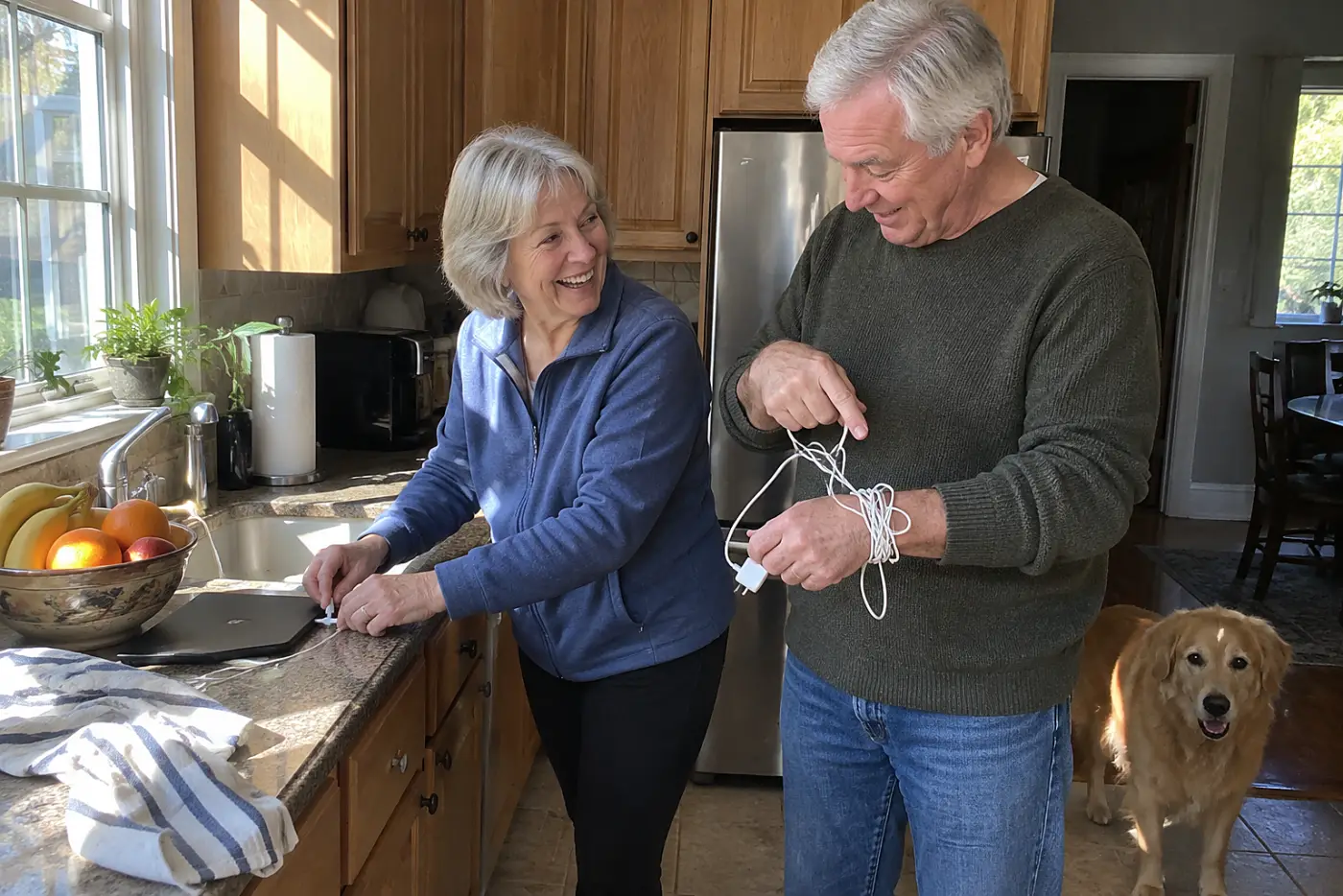 Older woman matching a charging cord to a device at a kitchen counter.