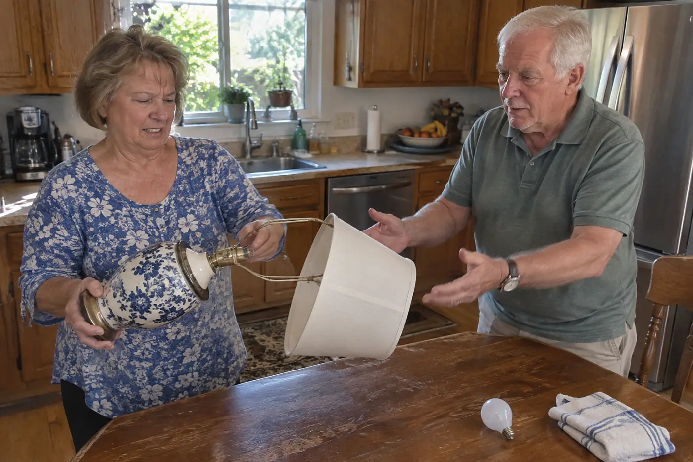 Older woman examining a broken table lamp at her kitchen table.