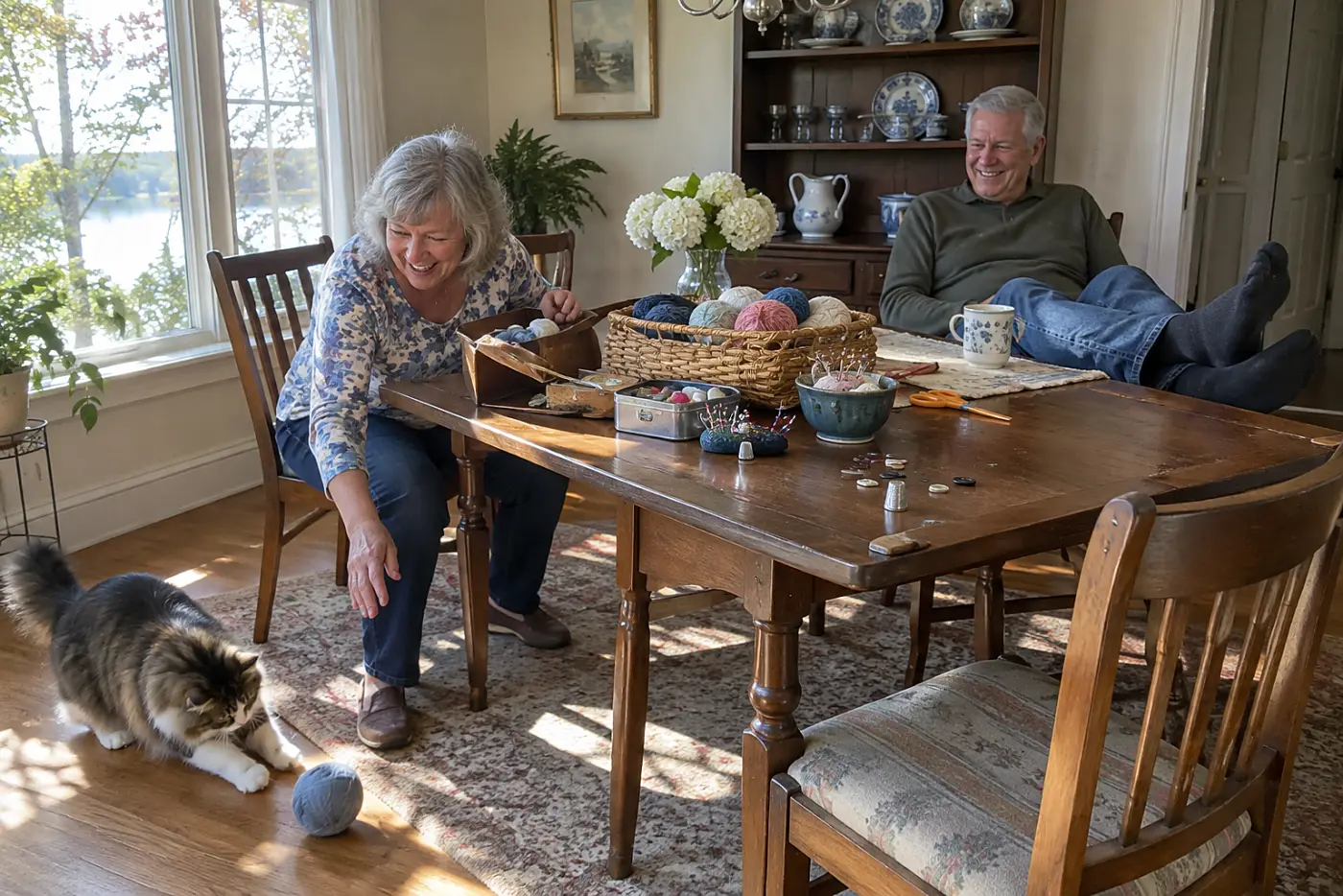 Older woman sorting yarn and sewing supplies at a dining table.