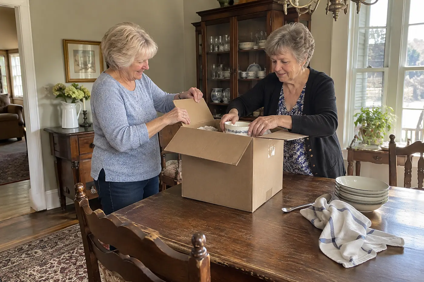 Older woman opening an old moving box at her dining table.