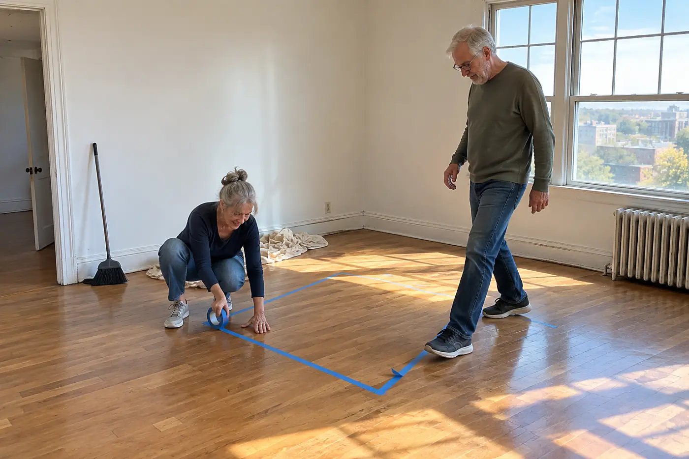 Older woman marking a table’s footprint with tape on an empty apartment floor.