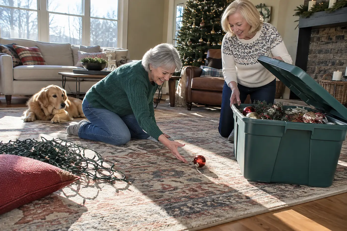 Older woman opening a holiday storage bin on her living room floor.