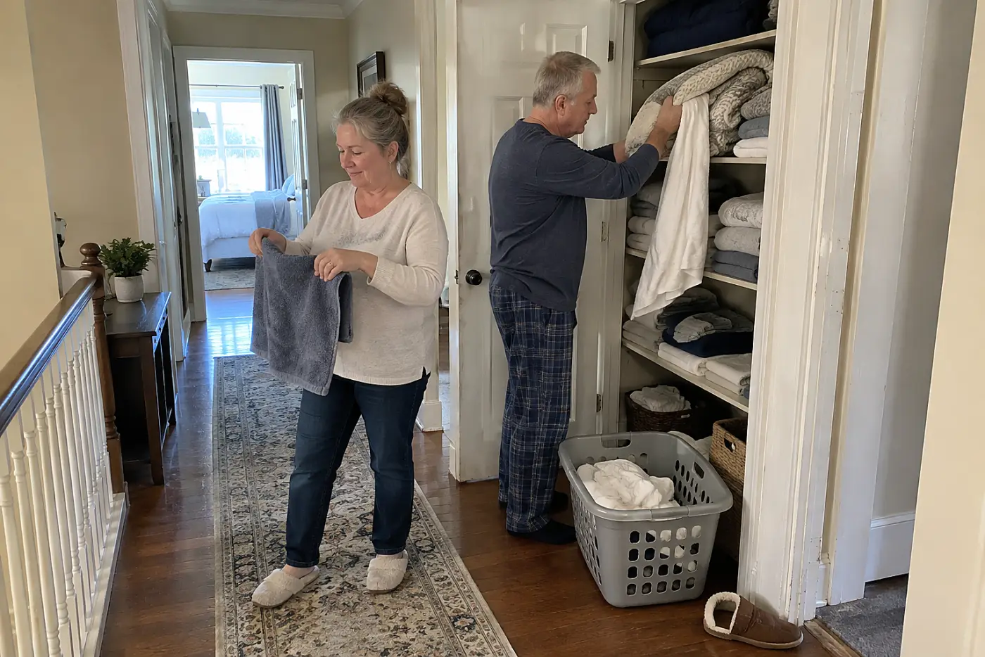 Older woman folding guest towels beside an open linen closet.