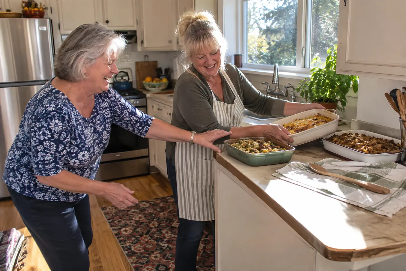 Older woman lining up baking dishes on a kitchen counter.