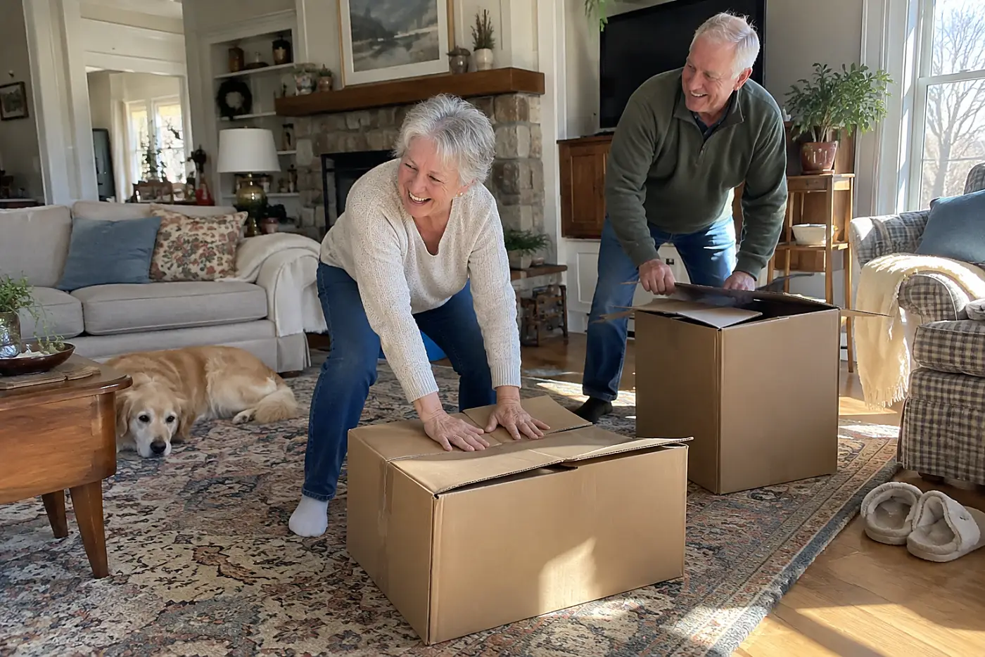 Older woman flattening delivery boxes on her living room floor.