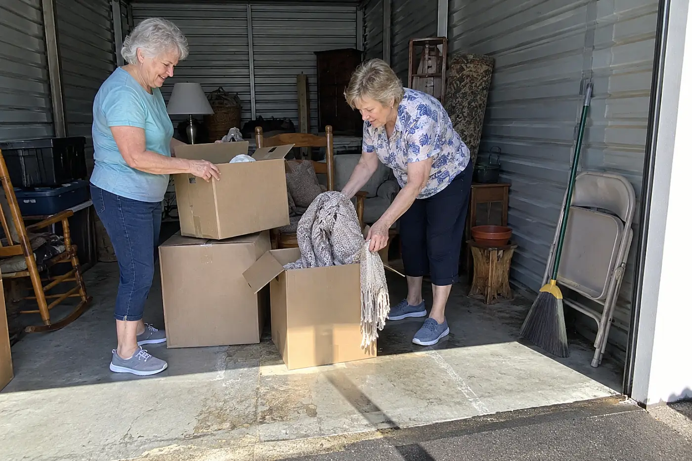 Older woman opening boxes inside a storage unit.